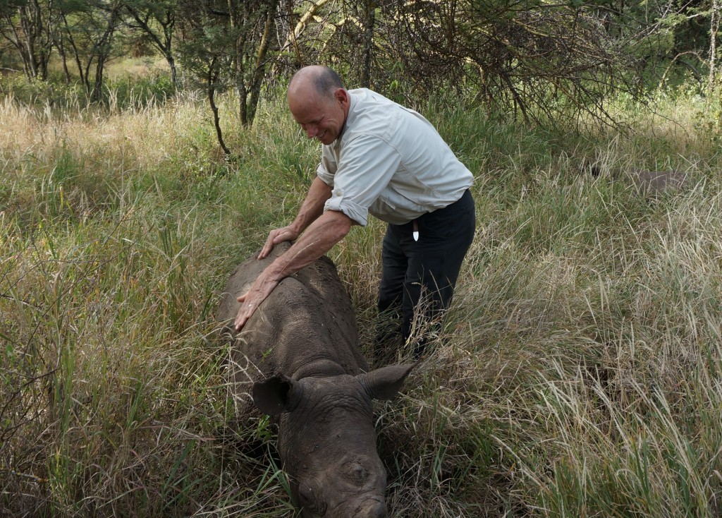John petting Nicky, an orphaned 13 month old Black Rhino.