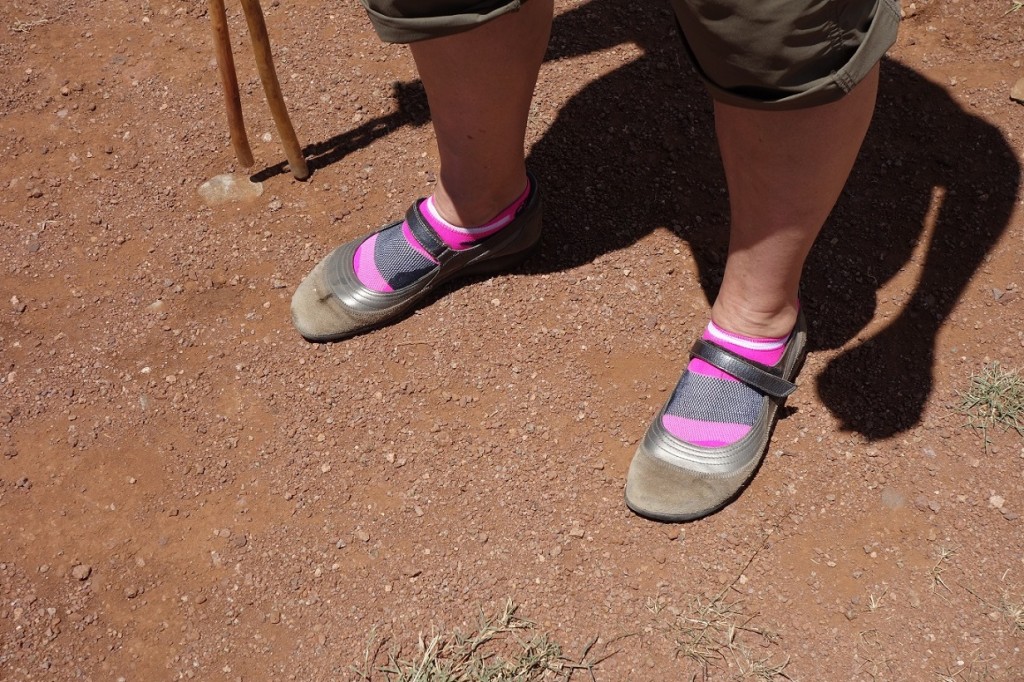Naot's and bright pink socks.